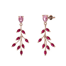 Dentale Yaprak Küpe - Pembe kuvars ve rodolit garnet 18 ayar rose altın küpe #11neypr