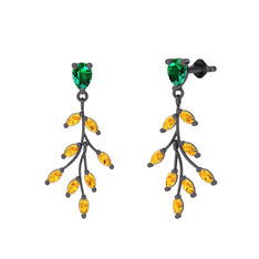 Dentale Yaprak Küpe - Yeşil kuvars ve sitrin 925 ayar siyah rodyum kaplama gümüş küpe #13vi121