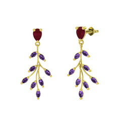 Dentale Yaprak Küpe - Kök yakut ve ametist 925 ayar altın kaplama gümüş küpe #14yuarn