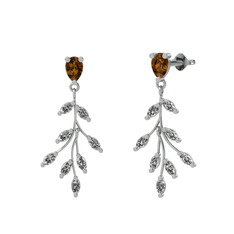 Dumanlı kuvars ve beyaz zirkon 14 ayar beyaz altın küpe