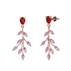 Dentale Yaprak Küpe - Garnet ve pembe kuvars 18 ayar rose altın küpe #16naatb