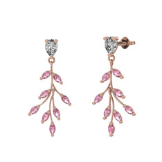 Dentale Yaprak Küpe - Beyaz zirkon ve pembe kuvars 14 ayar rose altın küpe #16us9ha
