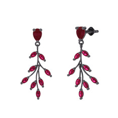 Dentale Yaprak Küpe - Kök yakut ve rodolit garnet 925 ayar siyah rodyum kaplama gümüş küpe #194vm3s