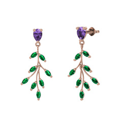 Dentale Yaprak Küpe - Ametist ve yeşil kuvars 18 ayar rose altın küpe #1alu6wt