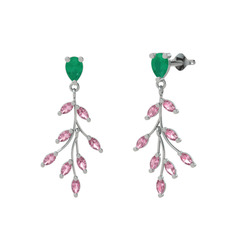 Dentale Yaprak Küpe - Kök zümrüt ve pembe kuvars 18 ayar beyaz altın küpe #1bt9g3