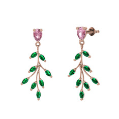 Pembe kuvars ve yeşil kuvars 925 ayar rose altın kaplama gümüş küpe