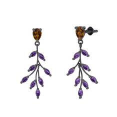 Dentale Yaprak Küpe - Dumanlı kuvars ve ametist 925 ayar siyah rodyum kaplama gümüş küpe #1cyjctl