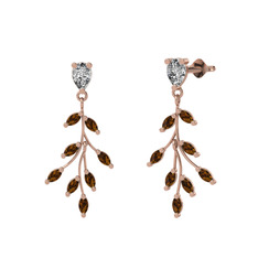 Dentale Yaprak Küpe - Swarovski ve dumanlı kuvars 14 ayar rose altın küpe #1ee6vij