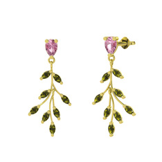 Dentale Yaprak Küpe - Pembe kuvars ve peridot 14 ayar altın küpe #1fe0a45