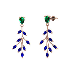 Dentale Yaprak Küpe - Yeşil kuvars ve lab safir 925 ayar rose altın kaplama gümüş küpe #1jkp28t