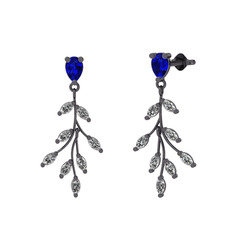 Dentale Yaprak Küpe - Lab safir ve swarovski 925 ayar siyah rodyum kaplama gümüş küpe #1k9pwmp