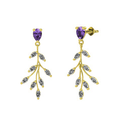 Dentale Yaprak Küpe - Ametist ve swarovski 8 ayar altın küpe #1kvtfre