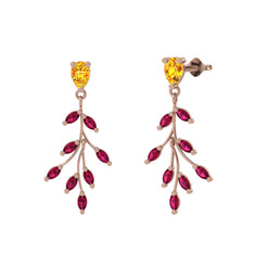 Dentale Yaprak Küpe - Sitrin ve rodolit garnet 18 ayar rose altın küpe #1lydr72