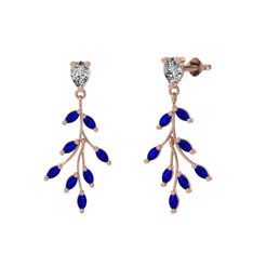 Dentale Yaprak Küpe - Swarovski ve lab safir 14 ayar rose altın küpe #1mfa3a5