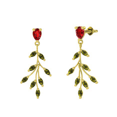 Dentale Yaprak Küpe - Garnet ve peridot 18 ayar altın küpe #1nnkgm