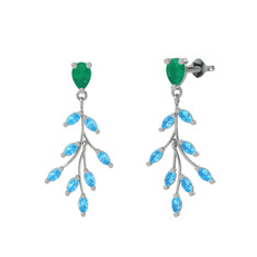 Dentale Yaprak Küpe - Kök zümrüt ve akuamarin 14 ayar beyaz altın küpe #1npzt64