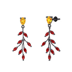 Dentale Yaprak Küpe - Sitrin ve garnet 925 ayar siyah rodyum kaplama gümüş küpe #1ou9r0v