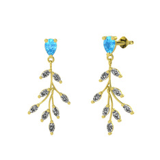Akuamarin ve swarovski 14 ayar altın küpe