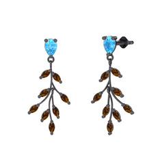 Dentale Yaprak Küpe - Akuamarin ve dumanlı kuvars 925 ayar siyah rodyum kaplama gümüş küpe #1q4r83c