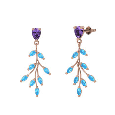 Dentale Yaprak Küpe - Ametist ve akuamarin 925 ayar rose altın kaplama gümüş küpe #1tdhkns