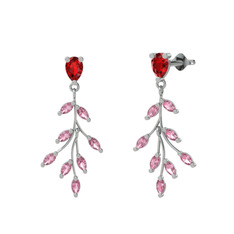 Garnet ve pembe kuvars 18 ayar beyaz altın küpe