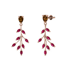 Dumanlı kuvars ve rodolit garnet 8 ayar rose altın küpe