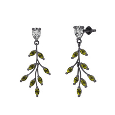 Dentale Yaprak Küpe - Beyaz zirkon ve peridot 925 ayar siyah rodyum kaplama gümüş küpe #1ux2lmi