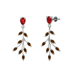 Garnet ve dumanlı kuvars 14 ayar beyaz altın küpe