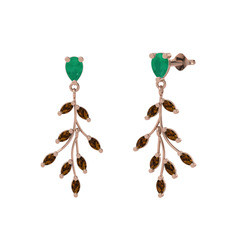 Dentale Yaprak Küpe - Kök zümrüt ve dumanlı kuvars 8 ayar rose altın küpe #1wm9h32