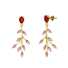 Dentale Yaprak Küpe - Garnet ve pembe kuvars 925 ayar altın kaplama gümüş küpe #1wq2iug