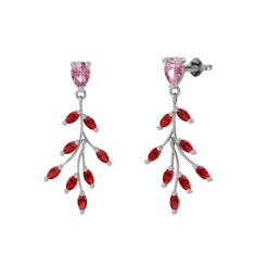 Pembe kuvars ve garnet 14 ayar beyaz altın küpe
