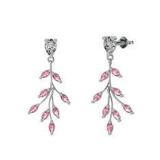 Beyaz zirkon ve pembe kuvars 14 ayar beyaz altın küpe