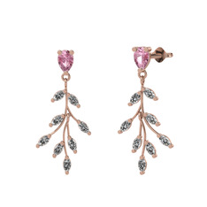 Pembe kuvars ve beyaz zirkon 8 ayar rose altın küpe