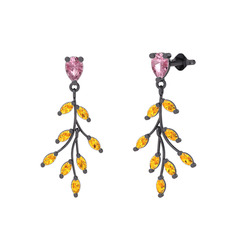 Dentale Yaprak Küpe - Pembe kuvars ve sitrin 925 ayar siyah rodyum kaplama gümüş küpe #6cg3b1