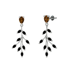 Dentale Yaprak Küpe - Dumanlı kuvars ve siyah zirkon 8 ayar beyaz altın küpe #82e48x