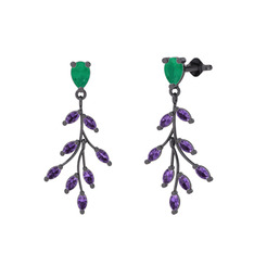 Dentale Yaprak Küpe - Kök zümrüt ve ametist 925 ayar siyah rodyum kaplama gümüş küpe #8ihvkb