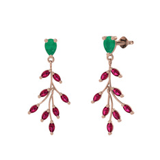 Kök zümrüt ve rodolit garnet 14 ayar rose altın küpe