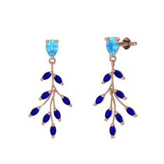 Dentale Yaprak Küpe - Akuamarin ve lab safir 925 ayar rose altın kaplama gümüş küpe #9eto2c