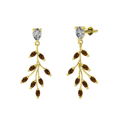 Dentale Yaprak Küpe - Swarovski ve dumanlı kuvars 8 ayar altın küpe #9imw77
