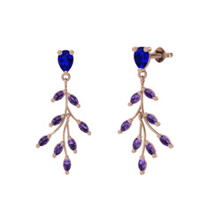 Dentale Yaprak Küpe - Lab safir ve ametist 925 ayar rose altın kaplama gümüş küpe #9meqcd