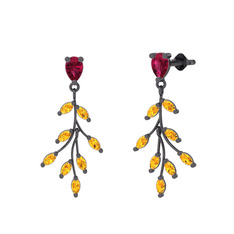 Dentale Yaprak Küpe - Rodolit garnet ve sitrin 925 ayar siyah rodyum kaplama gümüş küpe #9mrsjs