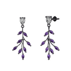 Dentale Yaprak Küpe - Swarovski ve ametist 925 ayar siyah rodyum kaplama gümüş küpe #9nq3gj