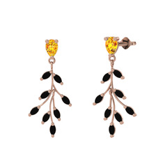 Dentale Yaprak Küpe - Sitrin ve siyah zirkon 14 ayar rose altın küpe #byhyc1