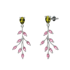 Dentale Yaprak Küpe - Peridot ve pembe kuvars 8 ayar beyaz altın küpe #czu5ku