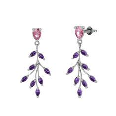 Pembe kuvars ve ametist 8 ayar beyaz altın küpe