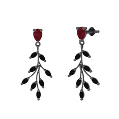 Dentale Yaprak Küpe - Kök yakut ve siyah zirkon 925 ayar siyah rodyum kaplama gümüş küpe #g00trm