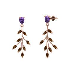 Dentale Yaprak Küpe - Ametist ve dumanlı kuvars 18 ayar rose altın küpe #gx06zr