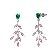 Dentale Yaprak Küpe - Yeşil kuvars ve pembe kuvars 8 ayar beyaz altın küpe #jdobxj