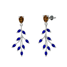 Dumanlı kuvars ve lab safir 8 ayar beyaz altın küpe