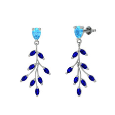 Akuamarin ve lab safir 8 ayar beyaz altın küpe